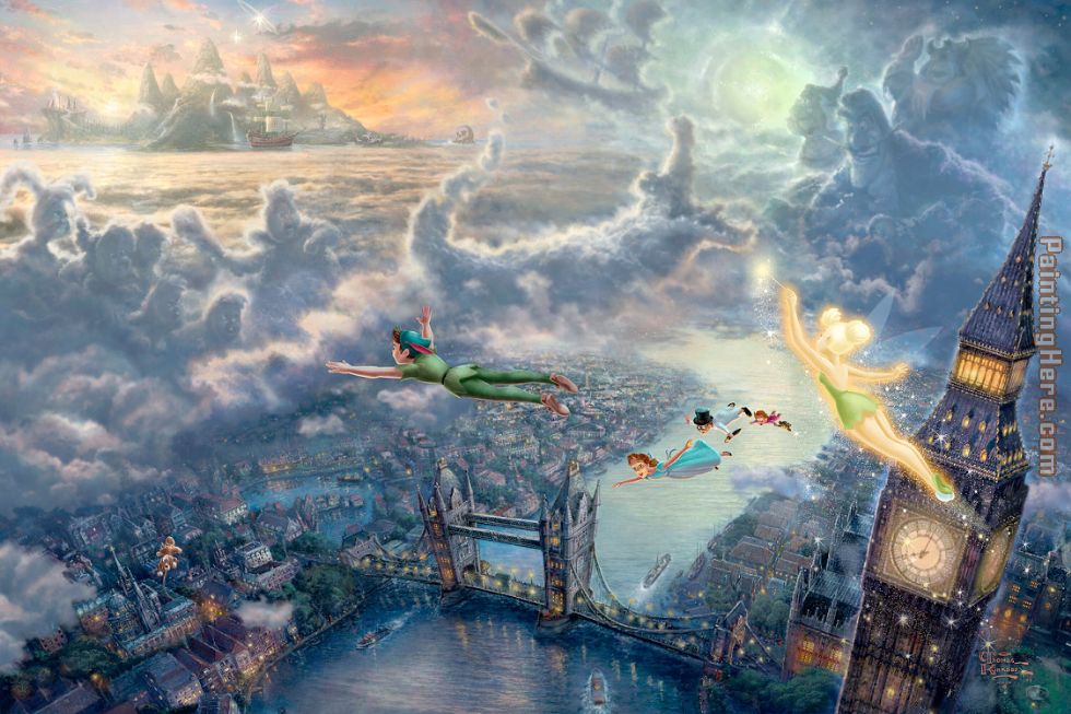 Thomas Kinkade Tinker Bell and Peter Pan Fly to Neverland